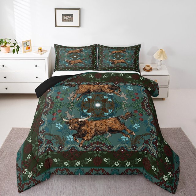Erosebridal Highland Cattle Comforter Sets Queen Size,Exotic Style Bedding Queen Comforter Set,Microfiber Reversible Bedding Sets Queen with Comforter,Damask Decor,3 Pieces