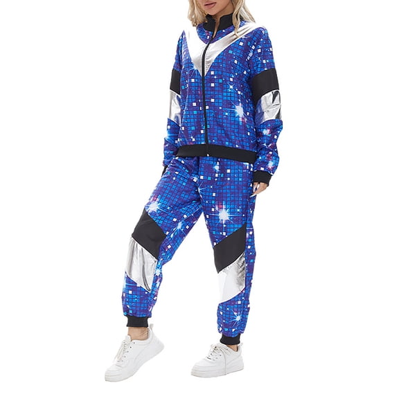 VBVC Women's Carnival 2 Piece Tracksuit,80s 90s Windbreaker Jacket and Jogger Pants,Colorblock Hip Hop Outfit For Women,Blue,Size S