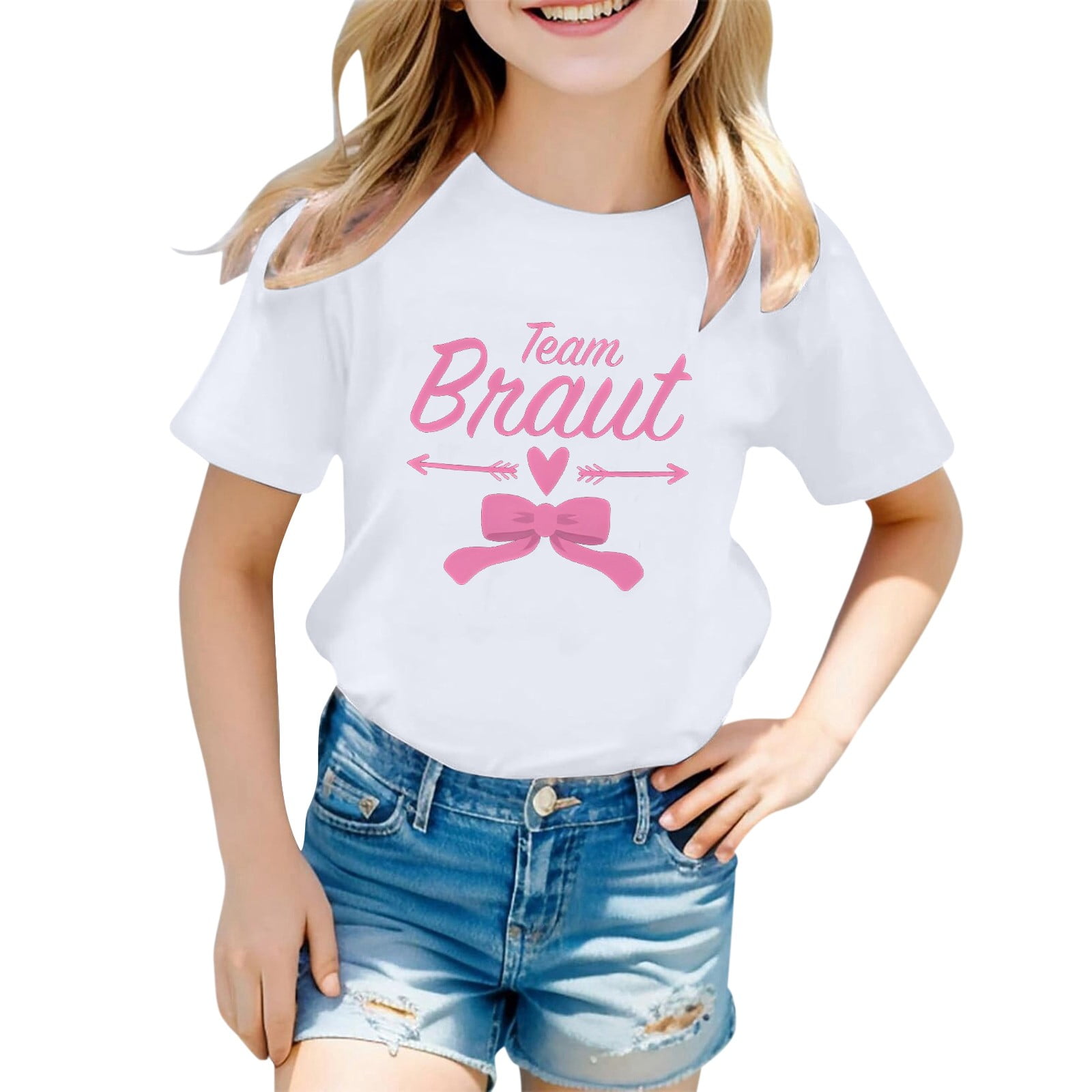 YM Kids T Shirts for Girls White for 6-7 Years Children s Fashionable Casual Letter Round Neck Short Sleeved T Shirt Top