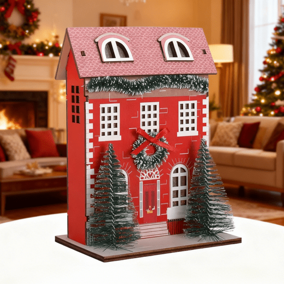Wooden LED Christmas Decorations (Red House)- Mini Glow Scene Decor, Perfect for Home Desktop Holiday