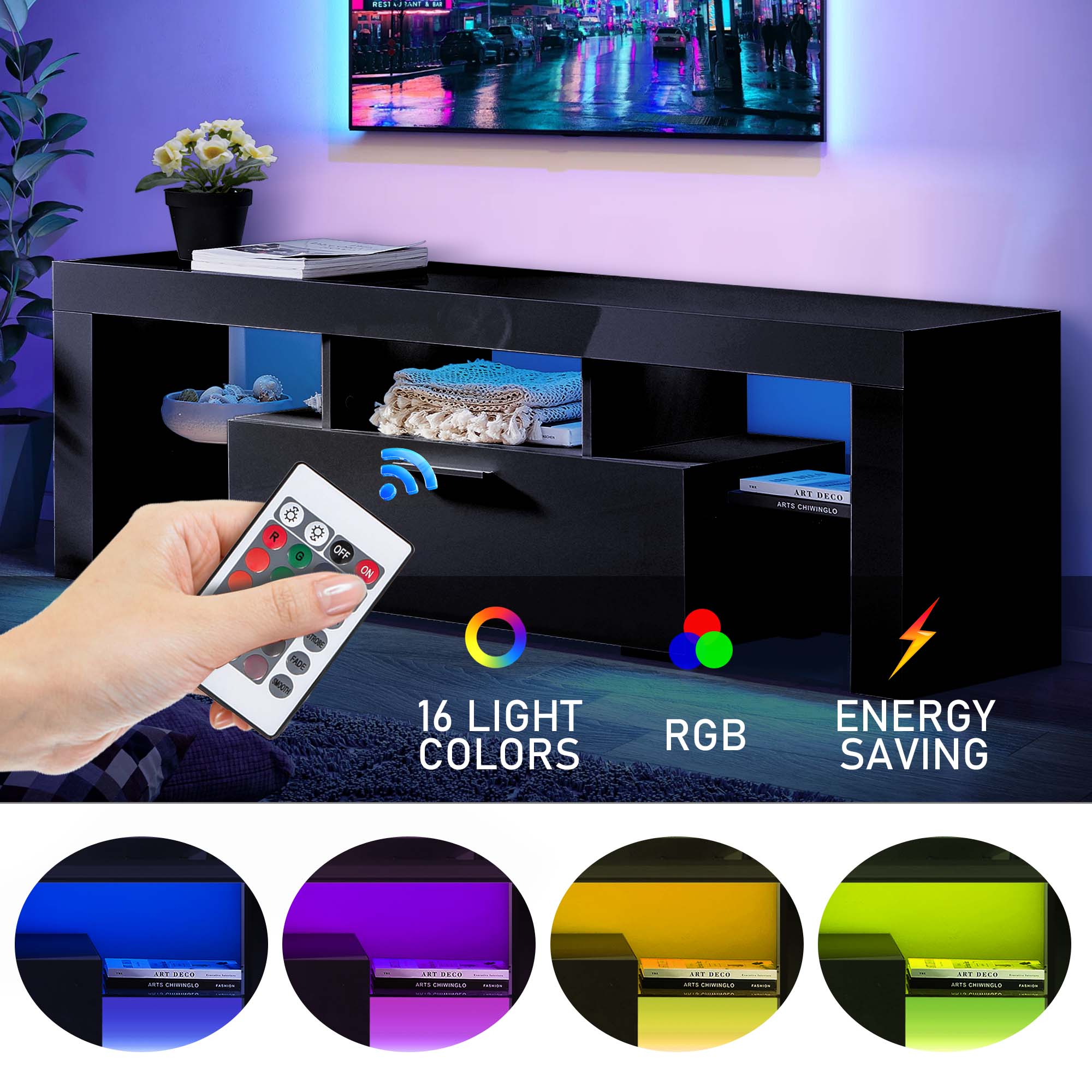 Aukfa LED  TV Stand for TVs up to 60", Storage TV Cabinet for Living Room - Black