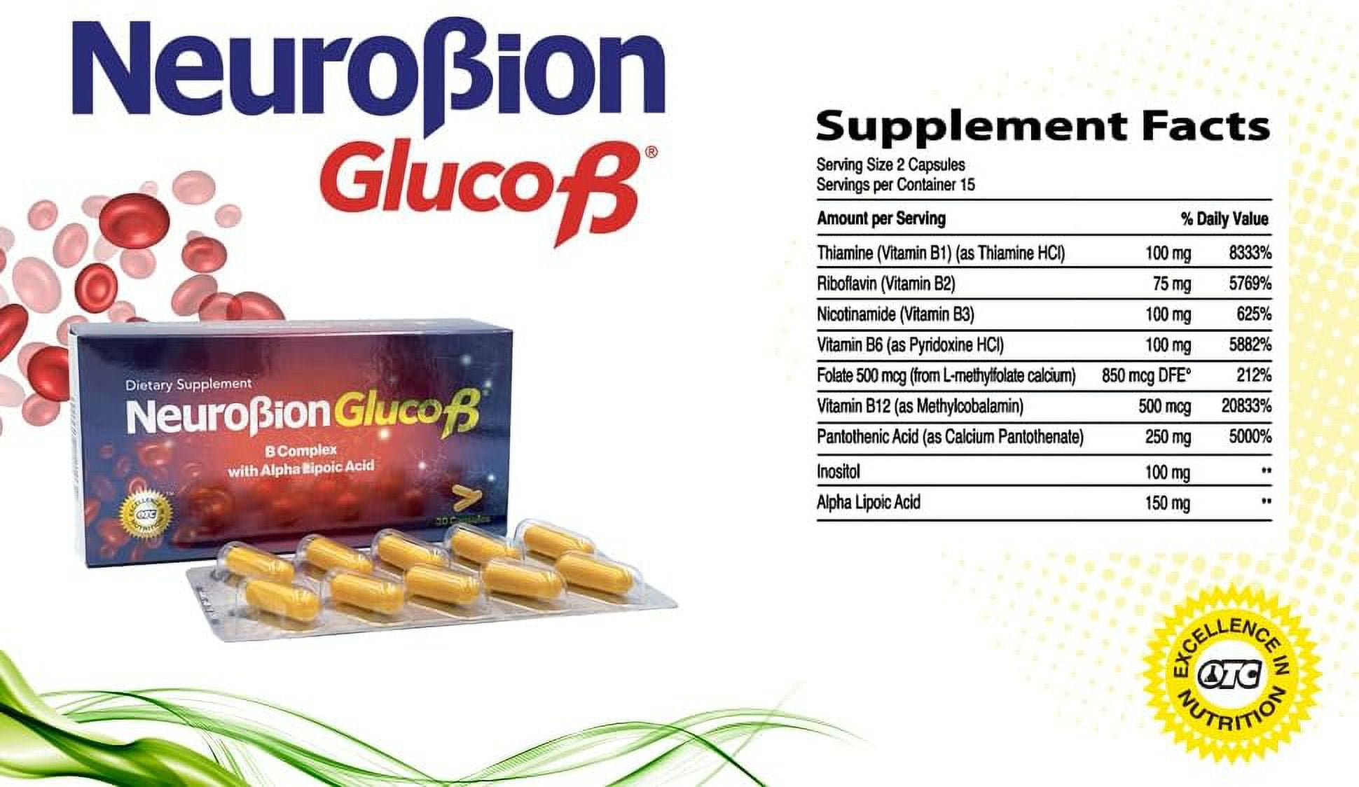 Neurobion Gluco B con Acido Alfa Lipoico Dietary Supplement B Complex with Alpha Lipoic Acid, Complejo B 30 Capsule