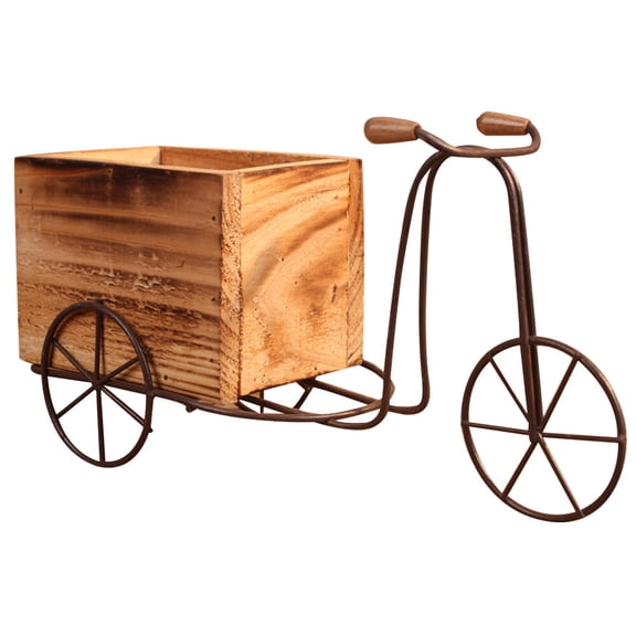 FENGGUIQU Iron Tricycle Plant Stand with Wooden Planter Pot, Rustic Flower Display Rack for Indoor Outdoor Garden Decor