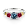thumbnail image 2 of Gem Stone King 925 Silver and 10K Yellow Gold Persian Blue Moissanite and Red Created Ruby and Diamond 3-Stone Ring for Women (1.76 Cttw, Gemstone Birthstone, Cushion 6MM and 4MM, Size 5), 2 of 3