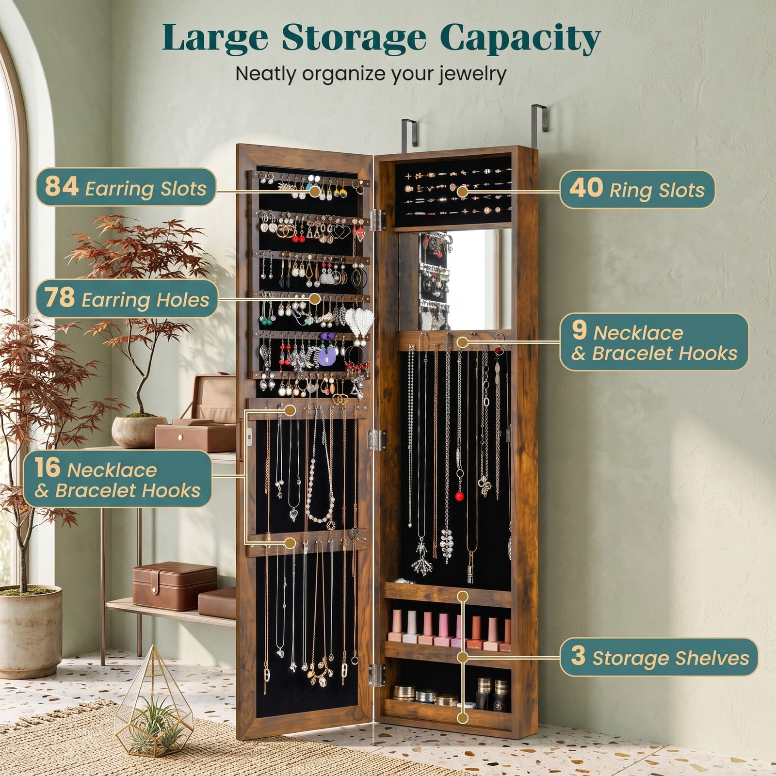 Furnibear Wall and Door Mounted Jewelry Cabinet with Full-Length Mirror, Ring Slots, and Necklace Hooks for Bedroom, Rustic Brown