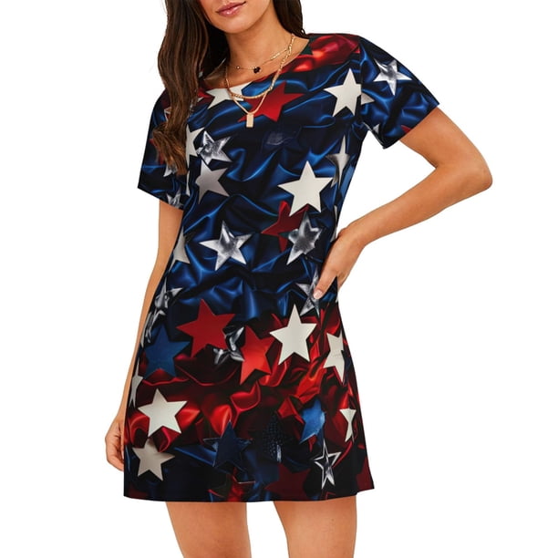 Easygdp Red Blue White Stars Camisón de manga corta para mujer, informal, estampado