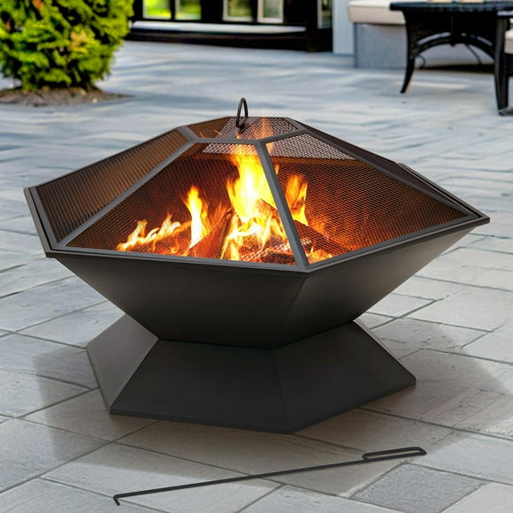 Sunjoy Firepit Hexagon 35 Inch Steel Wood Burning Fire Pit with Fire Poker and PVC Cover for Camping, Backyard and Patio