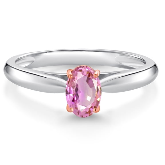 Gem Stone King 925 Sterling Silver and 10K Rose Gold Prongs Pink Sapphire Solitaire Engagement Ring for Women | 0.60 Cttw | Oval 6X4MM | Gemstone Birthstone | Available in Size 5, 6, 7, 8, 9| Size 6
