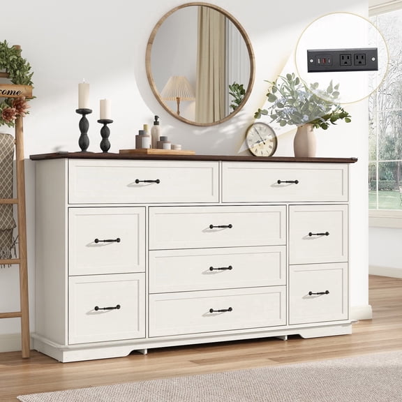 Farmhouse 9-Drawer Dresser with Charging Station & USB Ports, 63-Inch Wide Chest of Drawers Storage Cabinet for Bedroom Living Room
