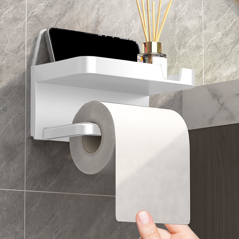 White Self-Adhesive Toilet Paper Holder – Waterproof Wall Mount With Visual Window, Phone Shelf, No-Drill Installation For Smooth Surfaces (ABS, 130x126x130mm)