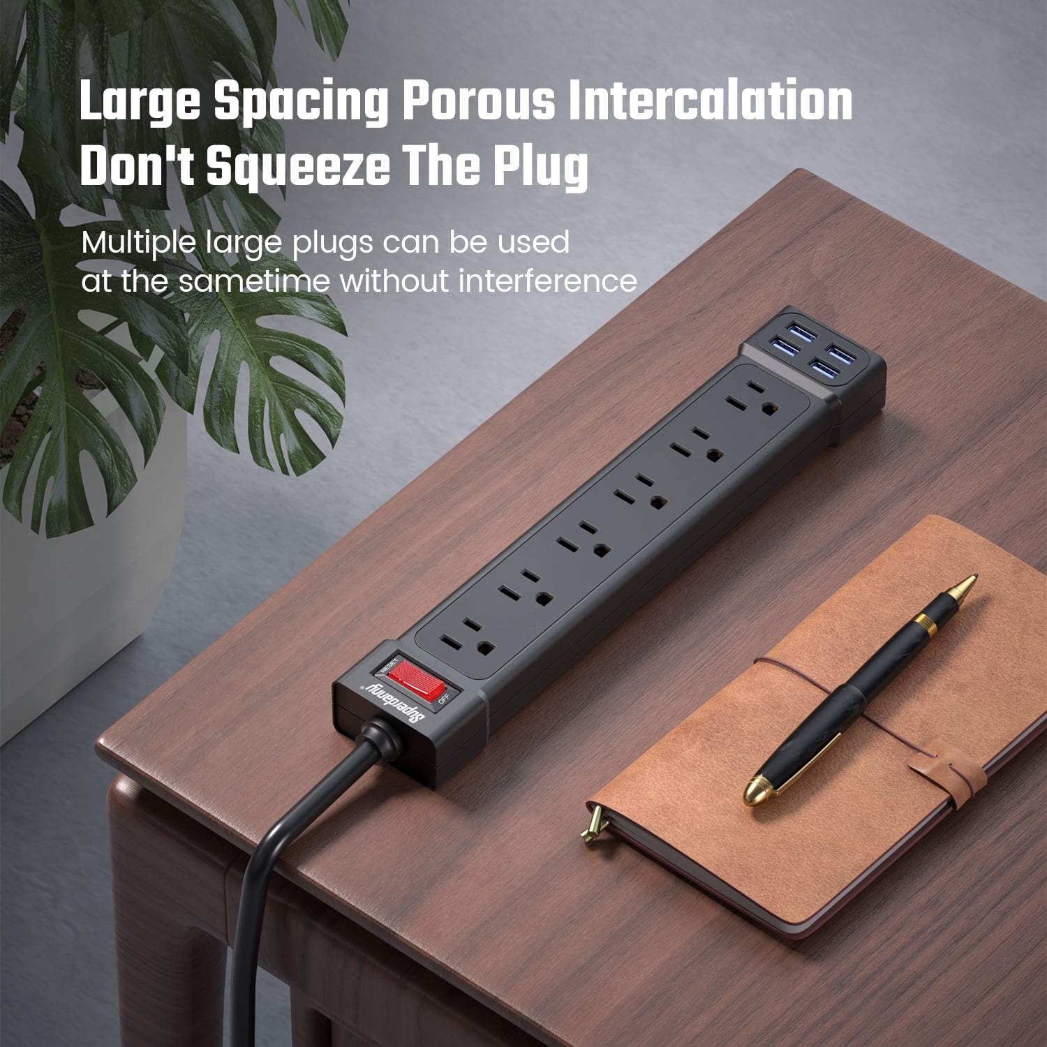 SUPERDANNY Surge Protector Power Strip with USB Ports 6AC Outlets Extender 4ft Wall Mountable