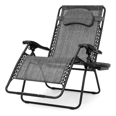 Oversized Zero Gravity Chair, Folding Outdoor Patio Lounge Recliner w/Cup Holder Accessory Tray and Removable Pillow - Gray