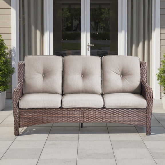 Gaintfurnni Outdoor Deep Seat Sofa Patio Wicker 3-Seater Sofa Couch with Cushions for Balcony Porch Deck, Beige