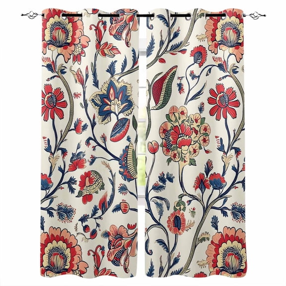 Boho Flowers Blackout Curtains 63 Inches Long for Bedroom, Watercolor Red Orange Floral Branch Leaf Thermal Insulated Room Darkening Black Out Window Curtain Panels Grommet Drapes for Living Room