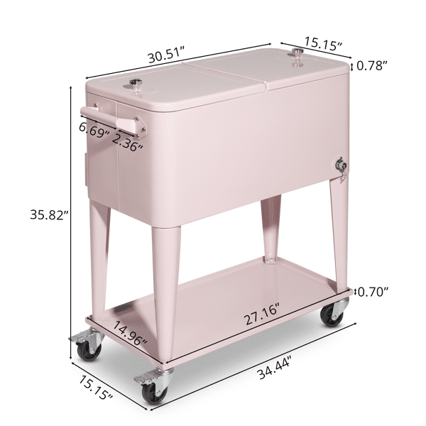 Alvantor 80 QT Patio Rolling Cooler Cart with Shelf, Bottle Opener and Lockable Wheels, Pink