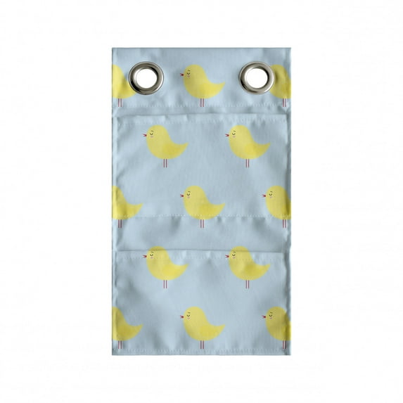 Yellow Bird Hanging Pocket Organizer, Themed Pattern Symmetric Simple Tiny Chickens, Printed Polyester Storage Bag with Pockets, 9" x 27", Pale Blue Pastel Yellow