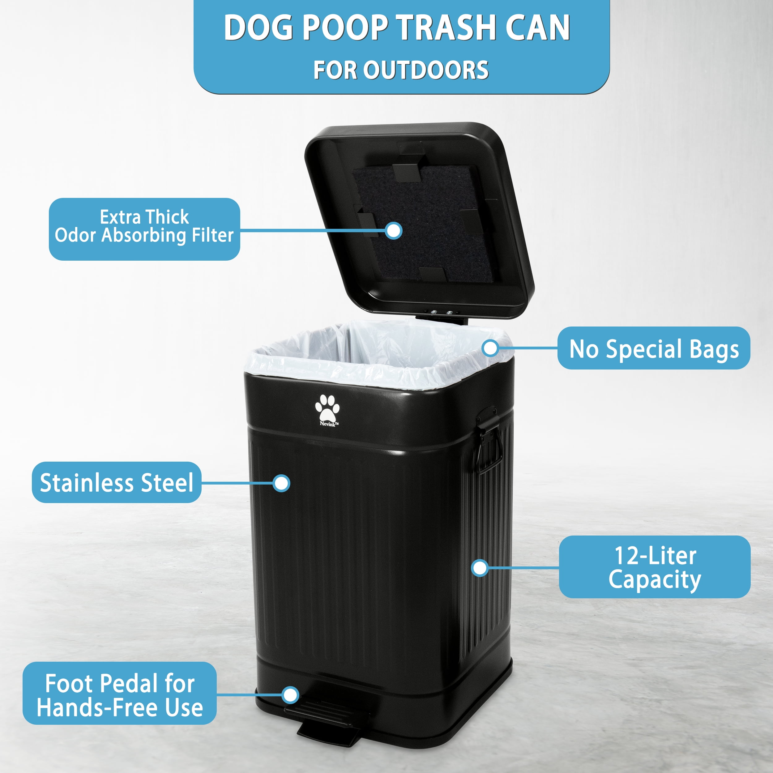 Nevink Dog Poop Trash Can Outside - Outdoor Dog Waste Trash Can with Lid - Odor Proof Waste Station Container for Backyard - 12L/3.2Gal (Black)