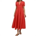 thumbnail image 1 of QIPOPIQ Robe Midi d'Été pour Femme à Col en V, Manches Courtes Bouffantes, Ligne A, à Volants, Liquidation, 1 of 4