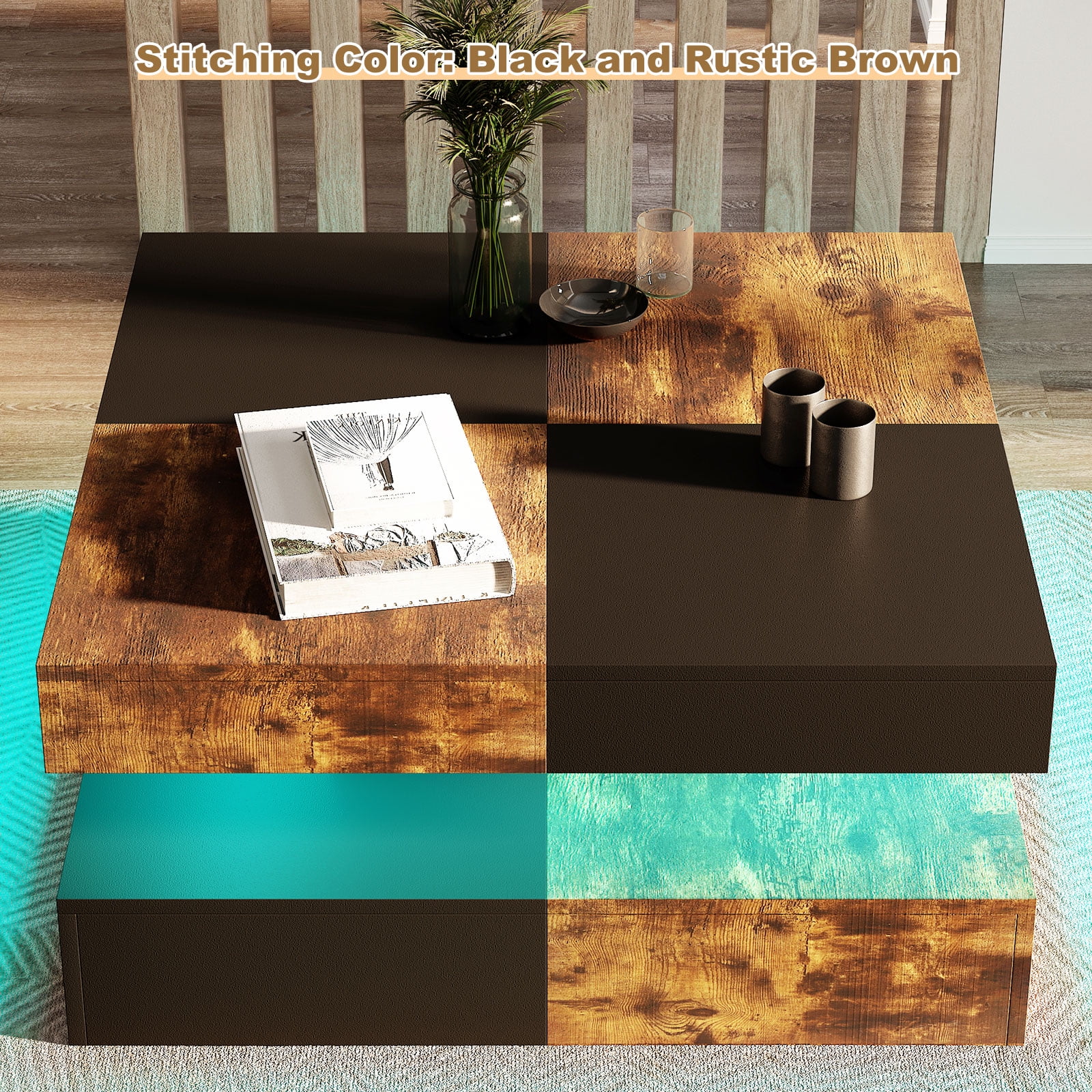 Hironpal Modern Rustic Brown Square LED Coffee Table - 2-Tier Storage, 16-Color LED Light, Contemporary Cocktail Tea Table for Home Office Reception