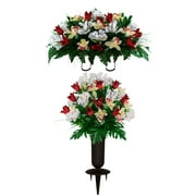 Sympathy Silks Artificial Red Tulip/White Iris Saddle and Bouquet with a Vase