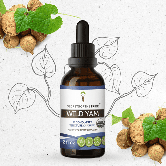 Secrets Of The Tribe Wild Yam Organic Tincture Dietary Supplement, Natural Herbal Extract for Hormonal Support, Certified Organic Wild Yam (Dioscorea villosa) Dried Root, Alcohol-Free Extract, 2 oz