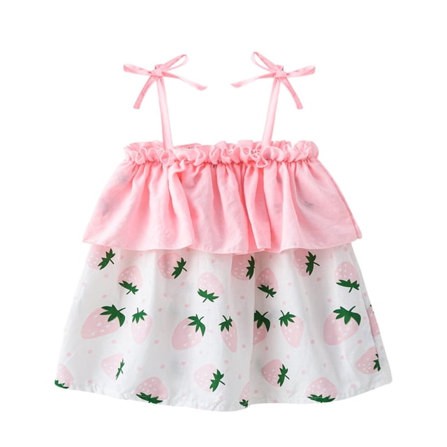 T-shirt Sans Manches à Col Rond pour Filles, Imprimé Fraises, Mélange Doux Coton-Polyester, Garniture à Volants, Tenue Décontractée Été Printemps, Tissu Léger et Respirant