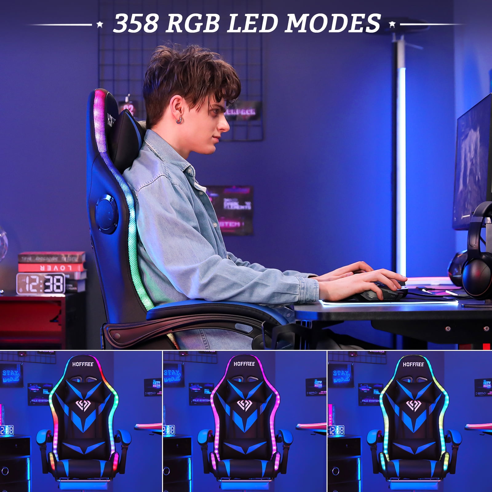 Hoffree Gaming Chair with Speakers PU Leather Office Chair with Footrest and LED Lights Ergonomic Gamer Chair with Massage Lumbar Support and Headrest Adjustable Swivel for Home Office 300lb