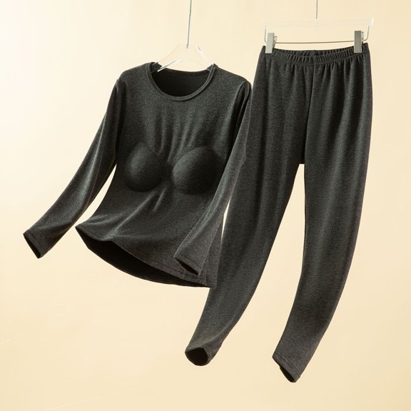 Warop Women's Thermal Underwear Set, Round Neck Long Sleeve with Built-in Bra, Fleece-Lined for Warmth, for Winter Daily Wear and Outdoor Activities