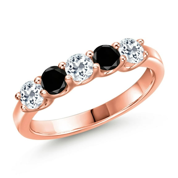 Gem Stone King 18K Rose Gold Plated Silver White Topaz and Black Diamond Wedding-Bands Ring for Women | 0.99 Cttw | Round 3.5MM | Gemstone November Birthstone | Size 5