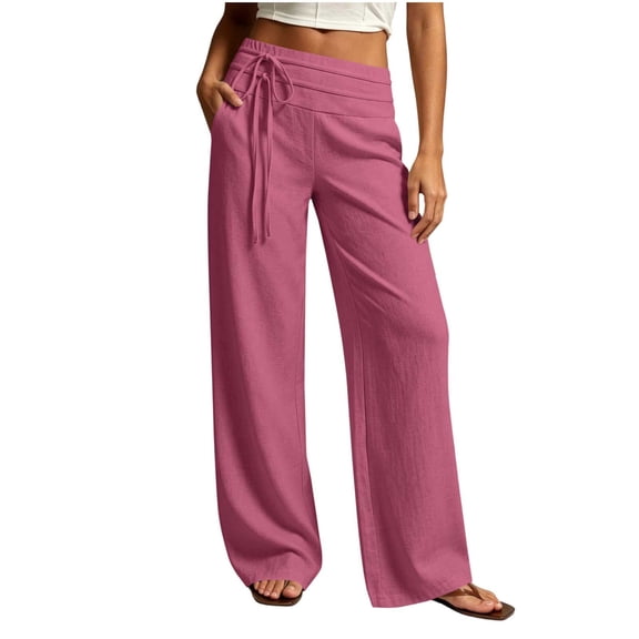 Sexlip Womens Straight Leg Pants Summer adjustable waist relaxed fit cotton linen machine washable yoga workout for fitness training Pink XXL