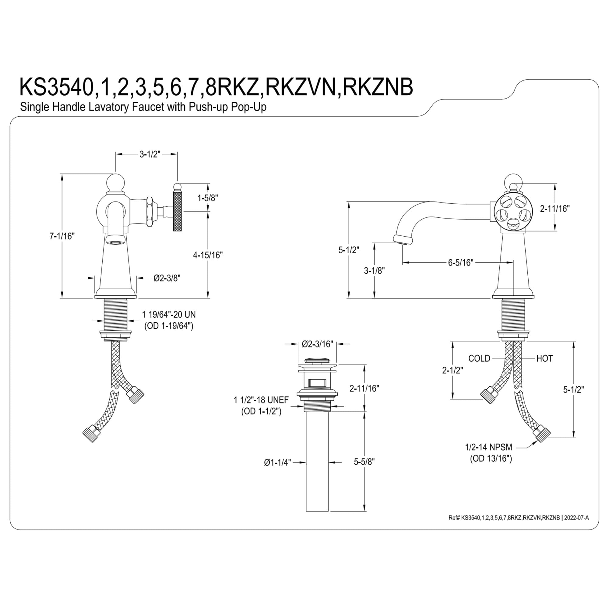 Kingston Brass KS3540RKZ Wendell One-Handle Single-Hole Bathroom Faucet with Knurled Handle and Push Pop-Up Drain, Matte Black