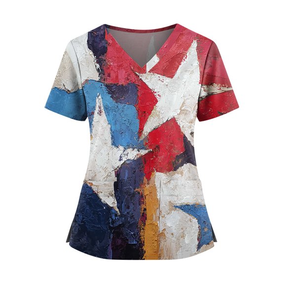 Iaqnaocc 4th of July Scrub Tops Women Funny American Flag Stars Nurse Working Uniforms Trendy V-Neck Side Slits Scrub Tops Patriotic Short Sleeve Medical Workwear with Pockets Vermilion S
