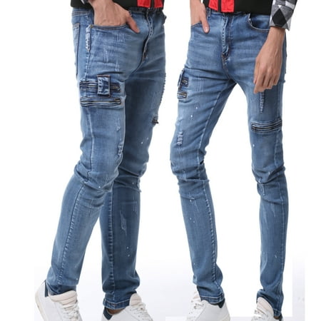 Men's Ripped Jeans Black Slim Fit Motorcycle Jeans Men Vintage Distressed Denim Jeans