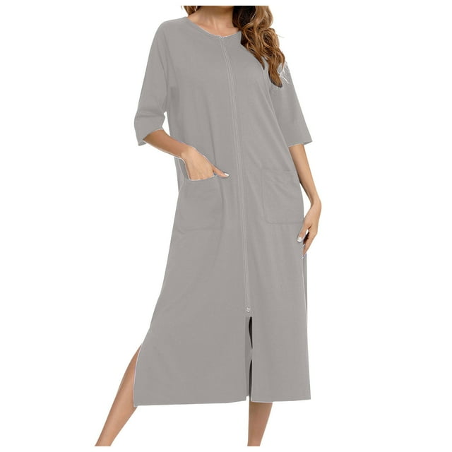 Jupe Décontractée Confortable pour Femmes, Pyjama Ample à Manches 3/4 - Robe à Fermeture Éclair, Mélange de Coton Doux, Deux Poches, Longueur Mollet