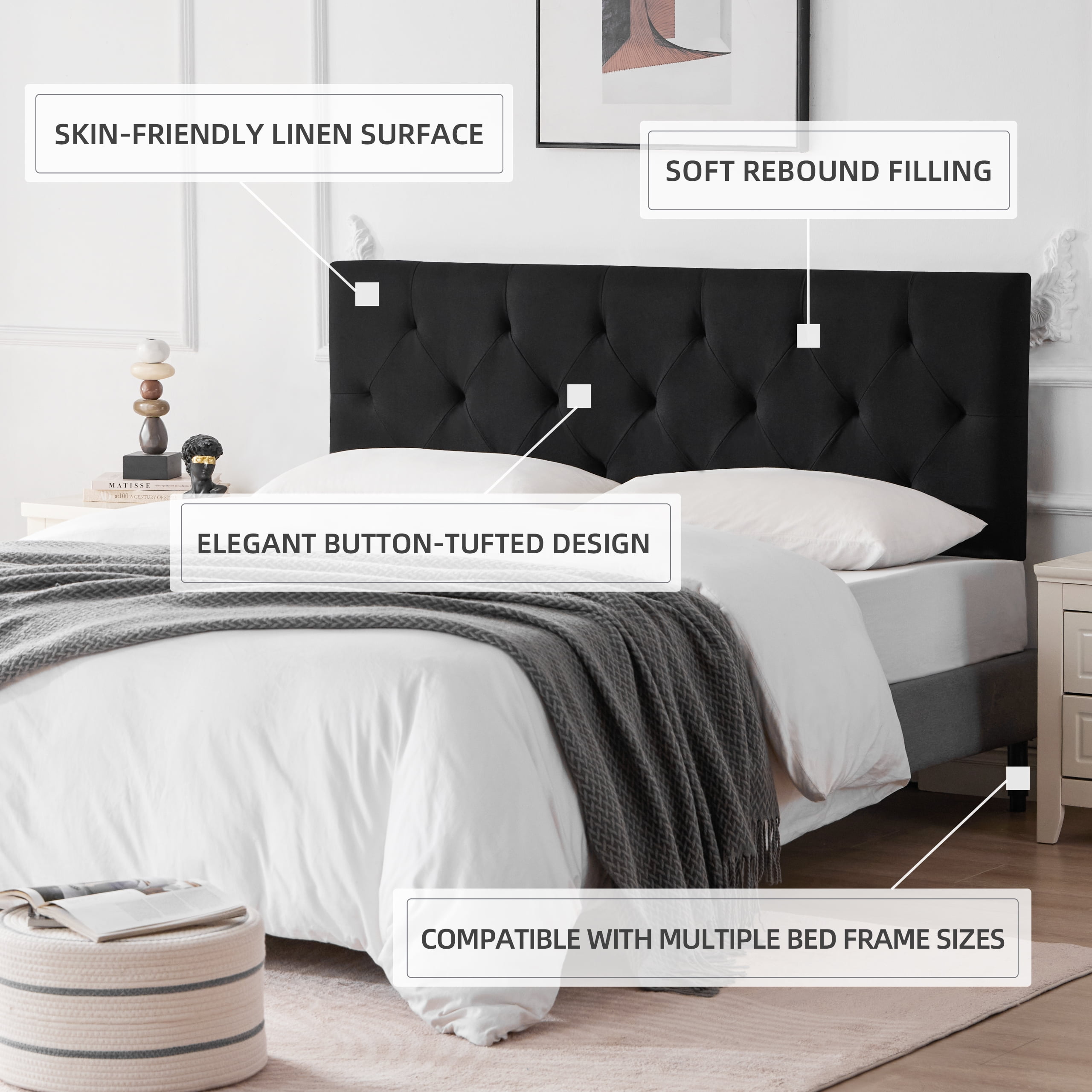 Linen Upholstered Headboard Twin Size, Diamond Tufting Solid Wood Twin XL Headboard Only, Adjustable Height from 37” to 51” Head Board, Dorm Bed Frame or Wall Mount Headboards, Black