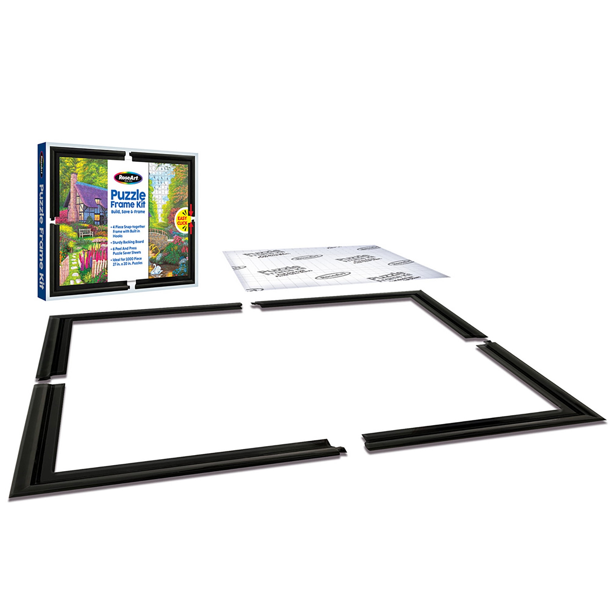 RoseArt: Puzzle Frame Kit - Ideal For 1000pc 27x20" Jigsaws, 4pc Snap-Together Black Frame, 6 Puzzle Saver Sheets, Build-Save-Frame, Display-Preserve