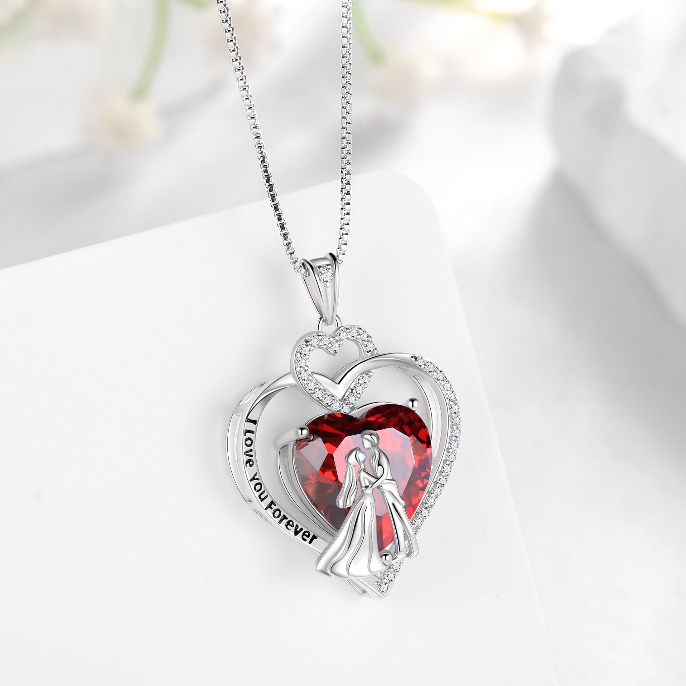 Juwaliy Couple Necklace for Women 925 Sterling Silver Heart January Birthstone Pendant Engraved Bridal Wedding Engagement Jewelry Valentines Gifts for Her Wife Girlfriend