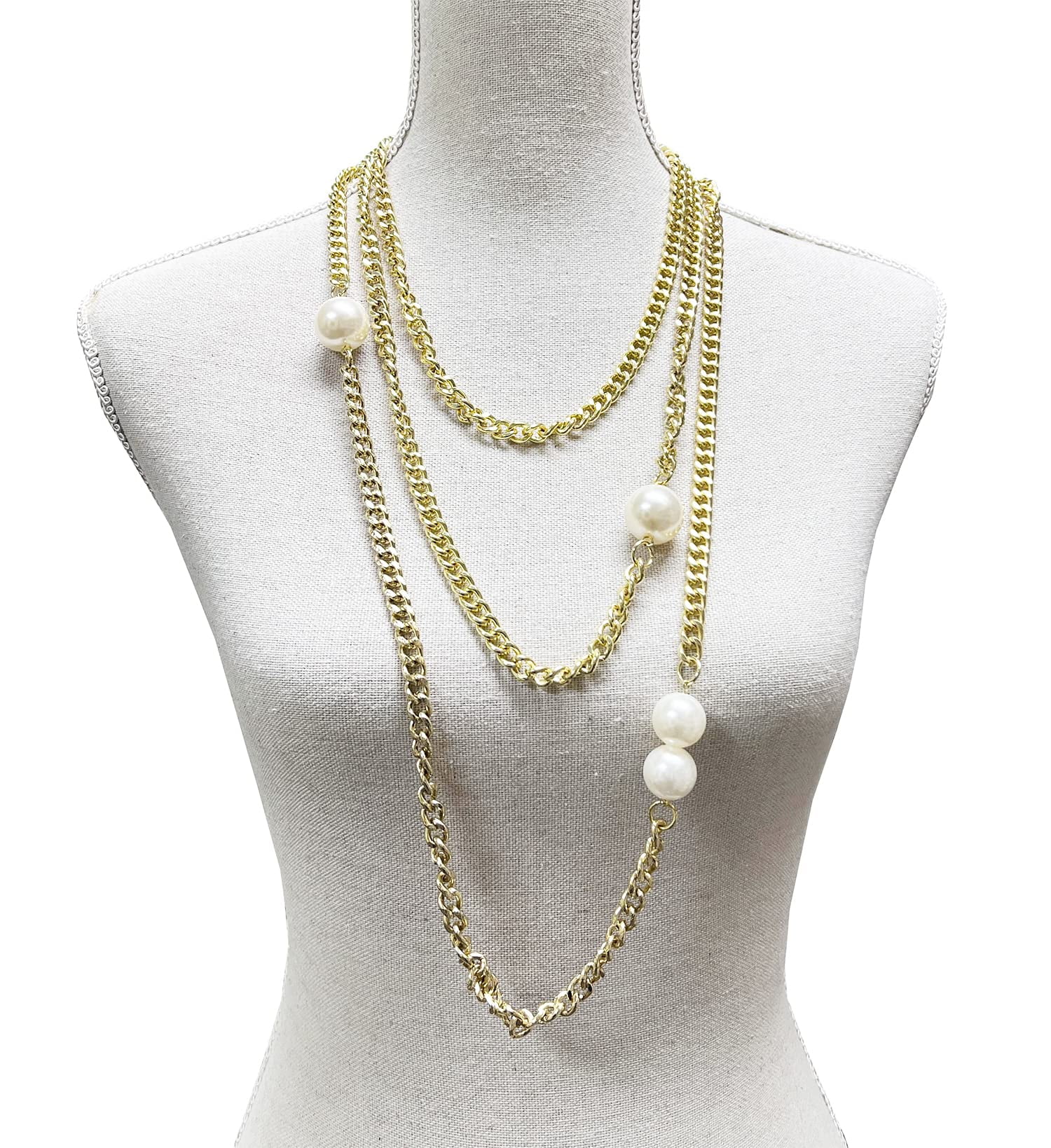 StylesILove Women Ivory Faux Pearl Gold Chain Statement Necklace 3 Row Layered Necklace for Birthday, Holiday, Prom, Special Event Fashion Jewelry