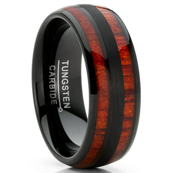 Men's Tungsten Carbide Ring Dome Real Koa Wood Inlay Wedding Band Brown Black 8MM