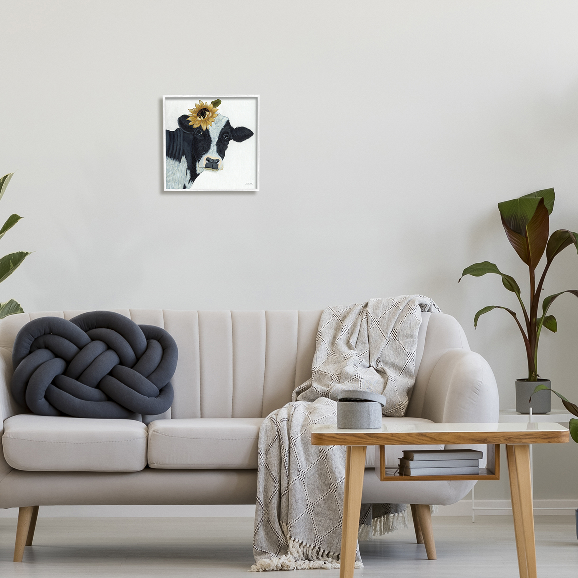 Stupell Cow Portrait Sunflower Blossom Farmhouse Animals & Insects Painting White Framed Art Print Wall Art