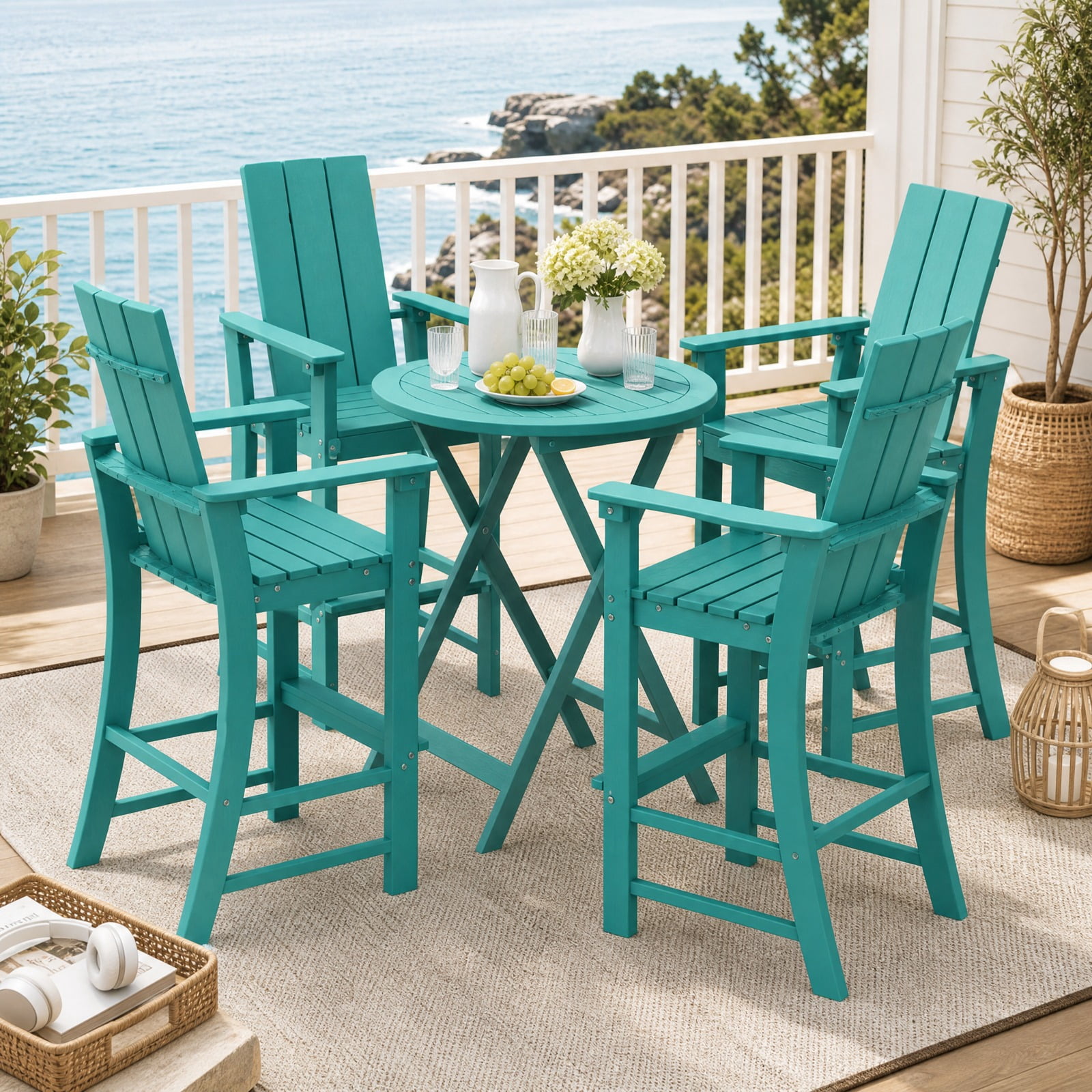 Furnibear Tall Outdoor Bar Stool Adirondack Chair with Ergonomic Backrest and Footrest for Backyard Patio Deck, Turquoise