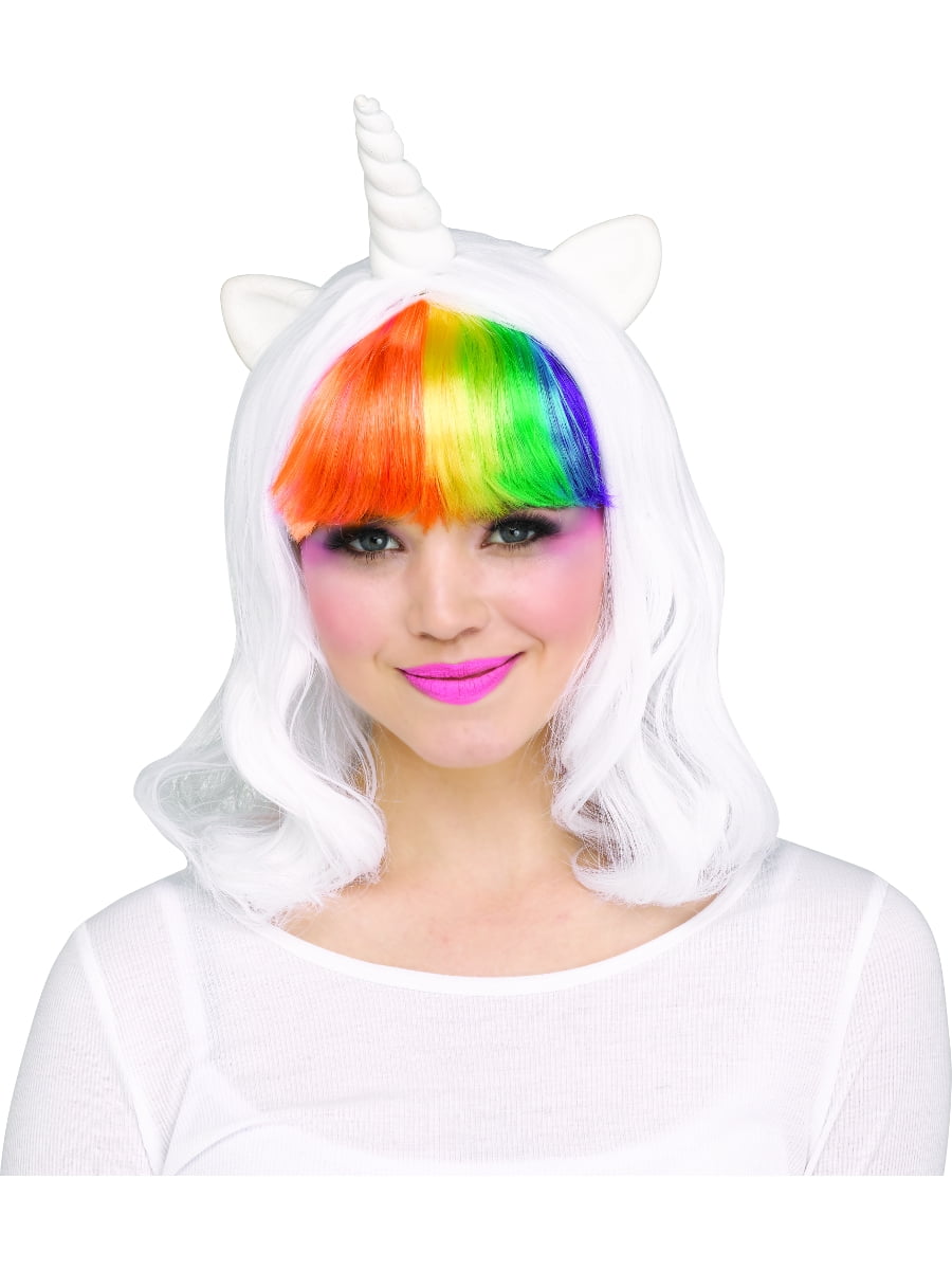 Womens Rainbow Unicorn Wig With Horns And Ears Costume Accessory