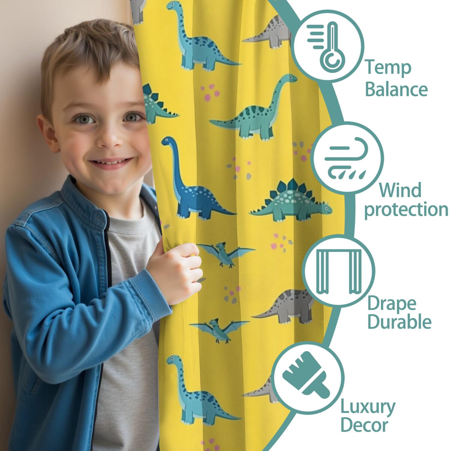 Blackout Kids Curtains,Yellow Cartoon Dinosaurs Pattern Childrens Insulated Curtains Set Of 2,Bedroom Essentials,Toddler Room Decor 42"x84"