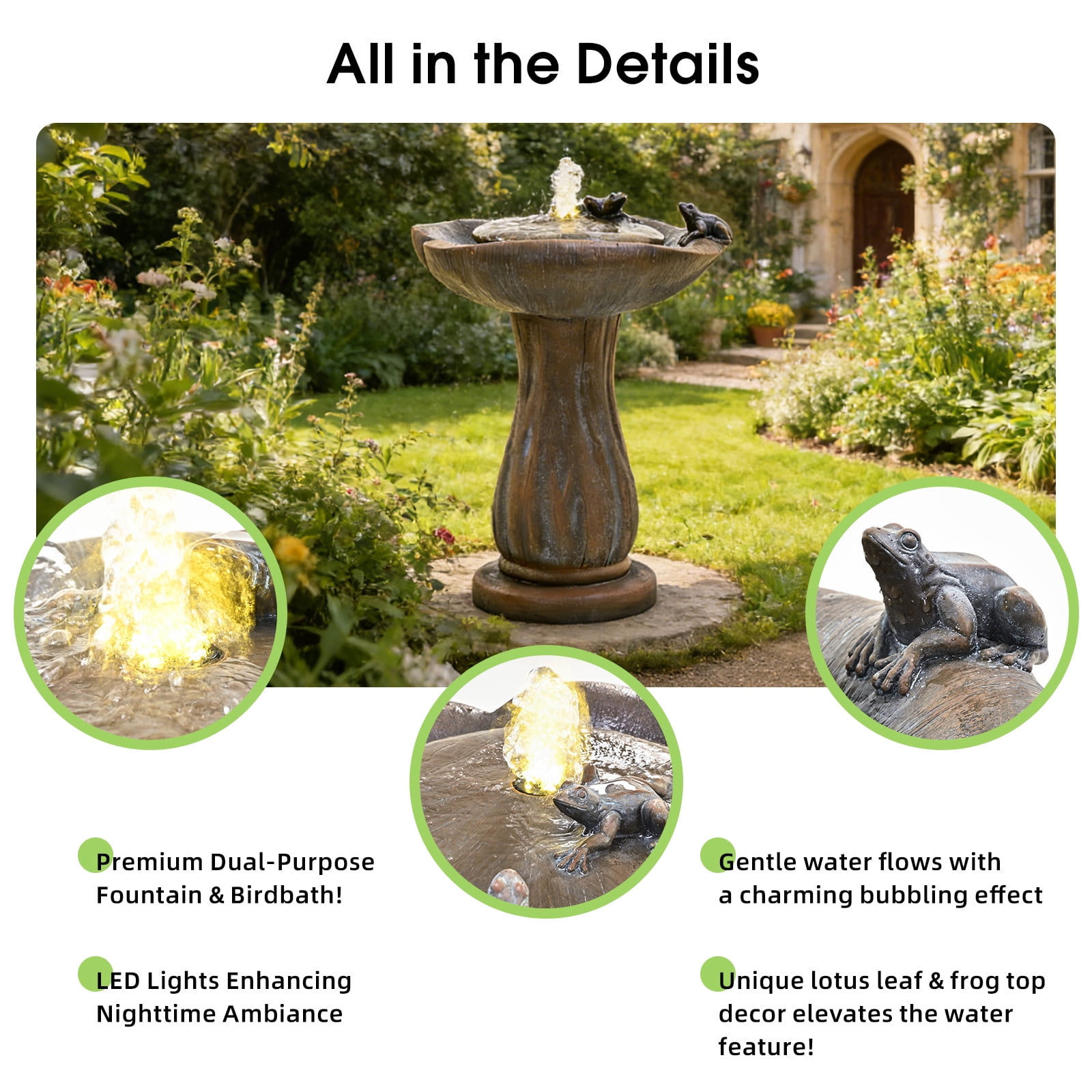 24"Bird Bath Fountain,Hand-Painted Outdoor Bird Bath Bowl, UV/Frost-Resistant Finish