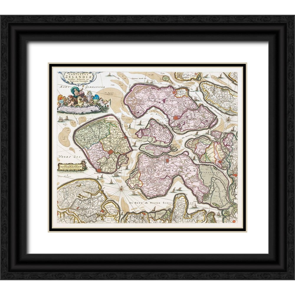 Vintage Maps 17x15 Black Ornate Wood Framed with Double Matting Museum Art Print Titled - Map of Zeeland