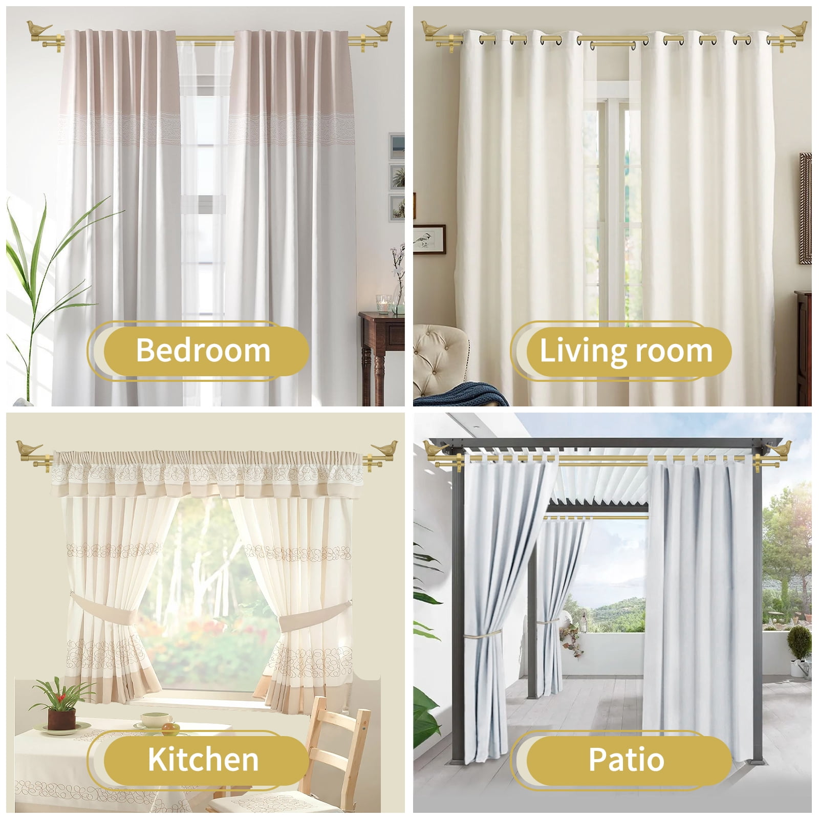 MERIVILLE 3/4-Inch Front & 5/8-Inch Back Double Curtain Rod Set, Farmhouse Bird Finials, 84"-120", Cottage Finish