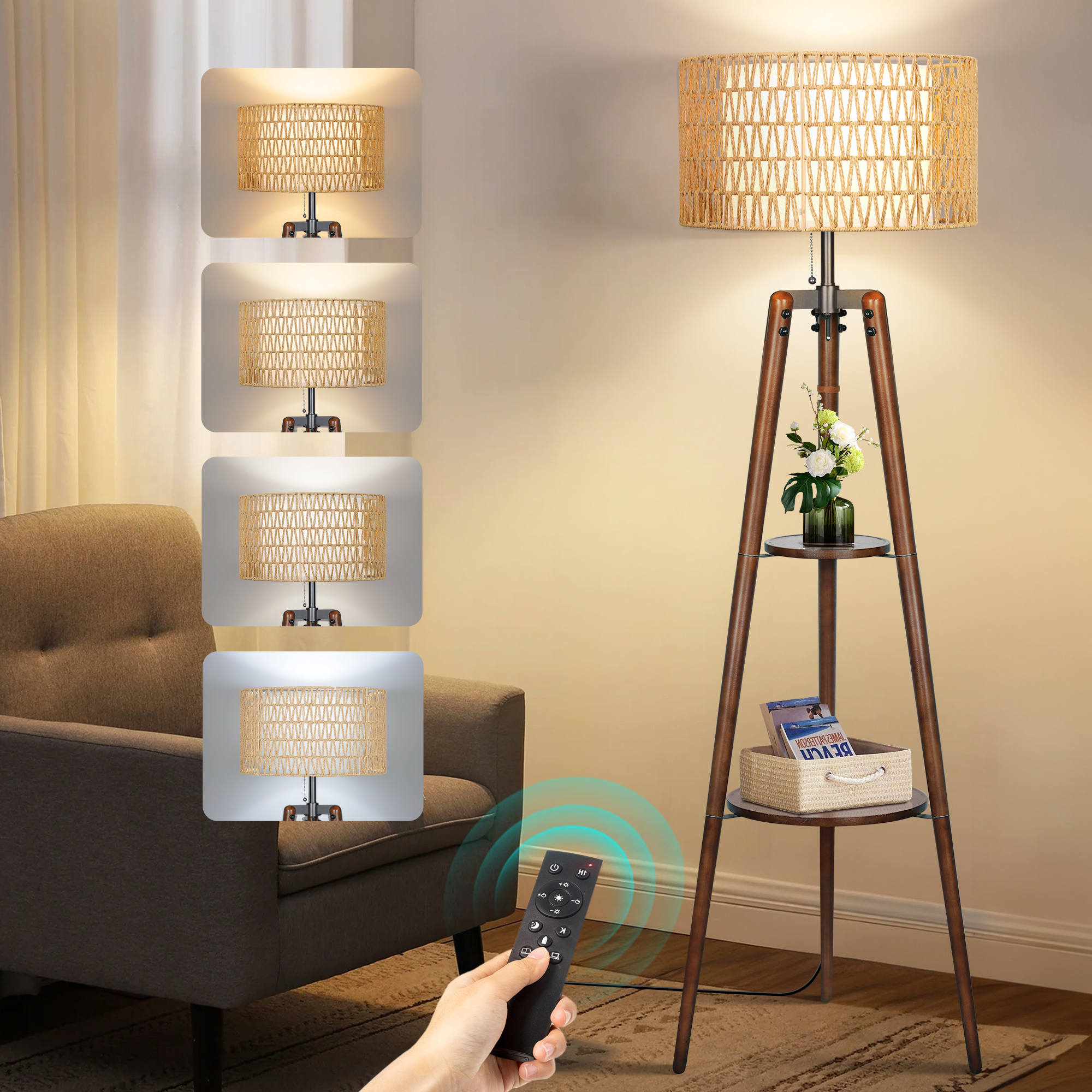 OUTON Boho Rattan Tripod Floor Lamp with Shelves, Dimmable Standing Lamp with Remote Control,Wood Tall Floor Lamps for Living Room Bedroom Office Farmhouse (Bulb Included)