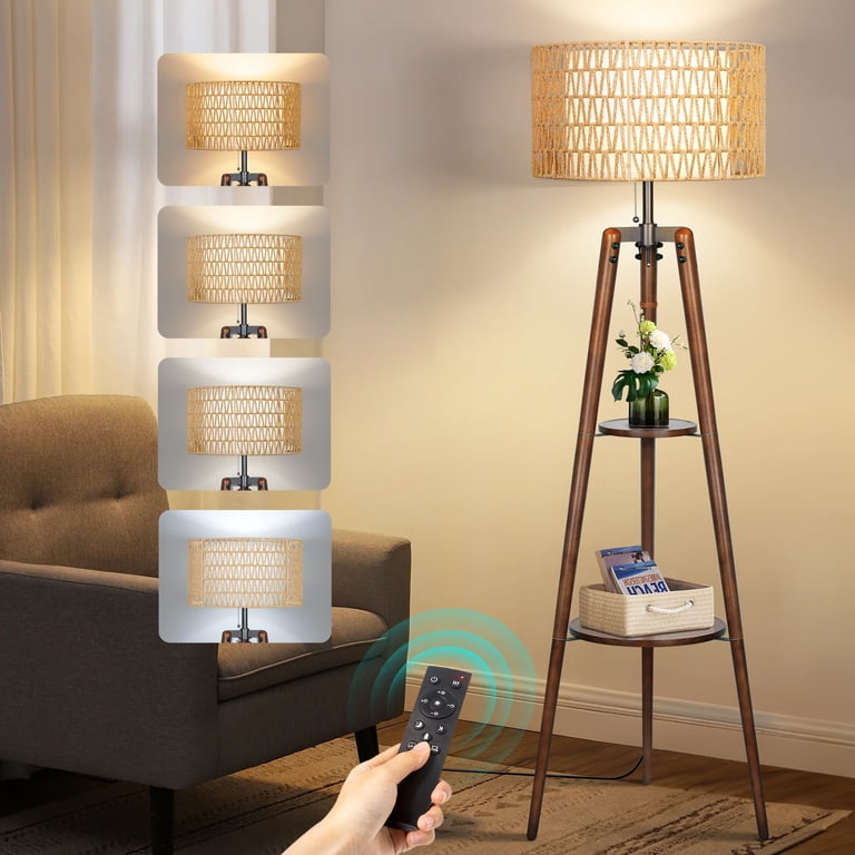 Outon Boho Rattan Tripod Floor Lamp with Shelves photo 1
