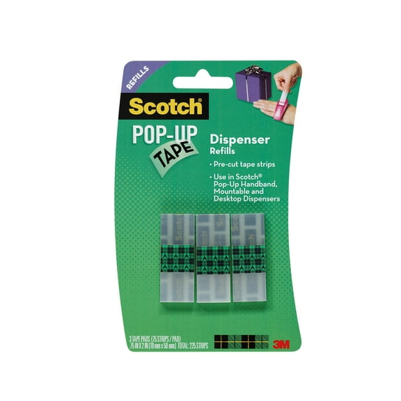 Scotch® Pop-up Tape Strip Refill Pads, 3/4 in. x 2 in. Strips, 75 Strips/Pad, 3 Tape Pads/Pack