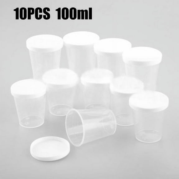 10Pcs 100ml Medicine Measuring Measure Cups With White Lids Cap Clear Container